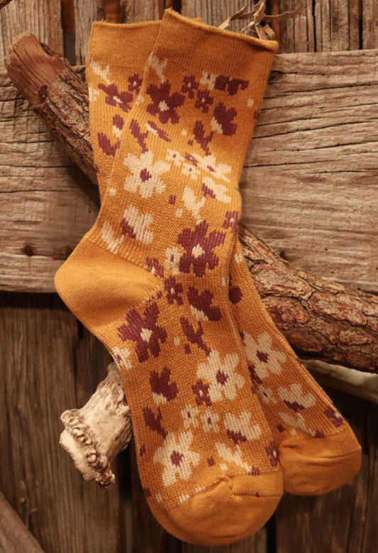 Mustard Floral Ankle Socks